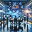 Modernes Marketingbüro mit KI-Innovation, digitaler Zusammenarbeit, holographischen Daten und hochmoderner Technik