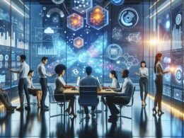 Modernes Marketingbüro mit KI-Innovation, digitaler Zusammenarbeit, holographischen Daten und hochmoderner Technik