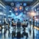Modernes Marketingbüro mit KI-Innovation, digitaler Zusammenarbeit, holographischen Daten und hochmoderner Technik