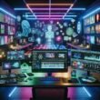 Hochmoderner Videoproduktionsarbeitsplatz mit dualen Monitoren, holografischen Interfaces und KI-gestützter Content-Erstellung, beleuchtet von LED-Akzenten.