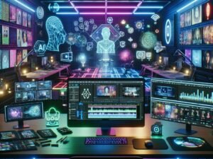 Hochmoderner Videoproduktionsarbeitsplatz mit dualen Monitoren, holografischen Interfaces und KI-gestützter Content-Erstellung, beleuchtet von LED-Akzenten.
