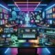 Hochmoderner Videoproduktionsarbeitsplatz mit dualen Monitoren, holografischen Interfaces und KI-gestützter Content-Erstellung, beleuchtet von LED-Akzenten.