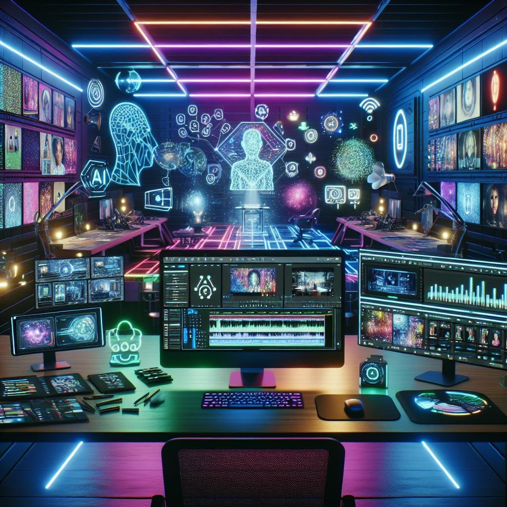 Hochmoderner Videoproduktionsarbeitsplatz mit dualen Monitoren, holografischen Interfaces und KI-gestützter Content-Erstellung, beleuchtet von LED-Akzenten.
