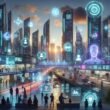 Futuristische Stadt bei Dämmerung mit Menschen, KI-Interfaces, holographischen Anzeigen und hochmodernen Gebäuden