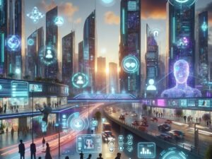 Futuristische Stadt bei Dämmerung mit Menschen, KI-Interfaces, holographischen Anzeigen und hochmodernen Gebäuden