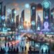 Futuristische Stadt bei Dämmerung mit Menschen, KI-Interfaces, holographischen Anzeigen und hochmodernen Gebäuden