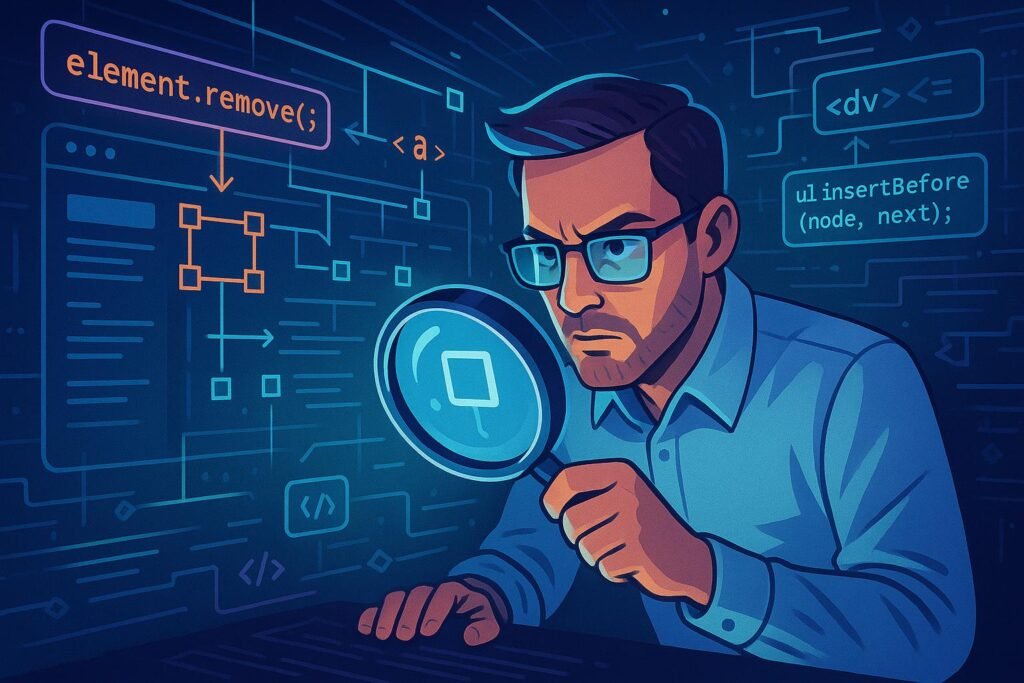 Digitaler Detektiv mit Lupen-Modul überwacht DOM-Änderungen auf einer futuristischen Webseite, um Effizienz in der Webentwicklung zu sichern.