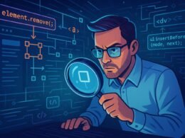 Digitaler Detektiv mit Lupen-Modul überwacht DOM-Änderungen auf einer futuristischen Webseite, um Effizienz in der Webentwicklung zu sichern.