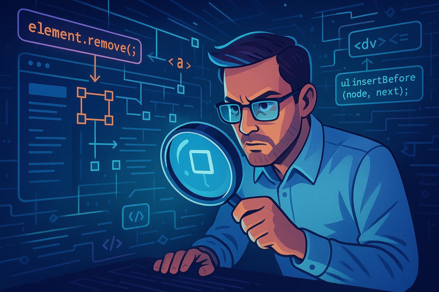 Digitaler Detektiv mit Lupen-Modul überwacht DOM-Änderungen auf einer futuristischen Webseite, um Effizienz in der Webentwicklung zu sichern.
