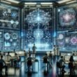 Futuristischer Kontrollraum mit holographischen Netzwerken, Wissenschaftlern und moderner Hardware, die die evolutionäre Entwicklung der KI-Technologie darstellen