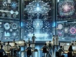 Futuristischer Kontrollraum mit holographischen Netzwerken, Wissenschaftlern und moderner Hardware, die die evolutionäre Entwicklung der KI-Technologie darstellen