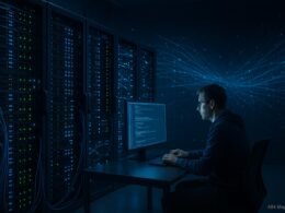 Modernes Serverraum mit blinkenden LEDs, Kabelmanagement und Entwickler, der an einem Computer arbeitet, um Server-Performance und Infrastruktur zu symbolisieren.