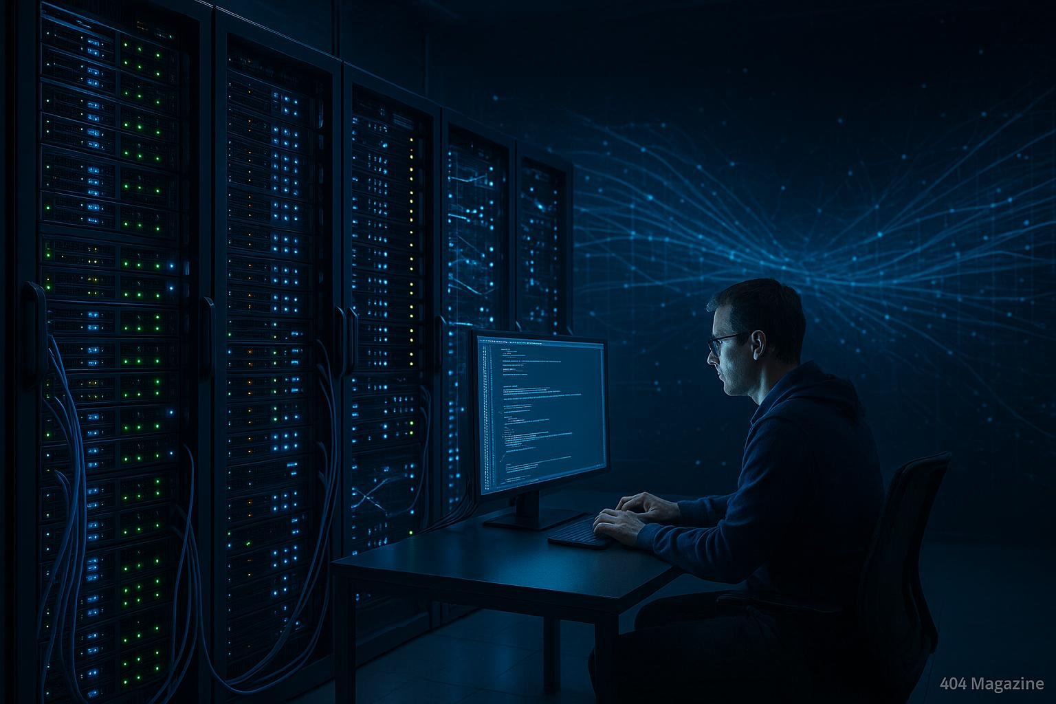 Modernes Serverraum mit blinkenden LEDs, Kabelmanagement und Entwickler, der an einem Computer arbeitet, um Server-Performance und Infrastruktur zu symbolisieren.