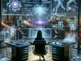 Futuristischer Arbeitsplatz mit Entwickler, der an mehreren Monitoren mit KI-generiertem Code arbeitet, umgeben von holographischen Diagrammen und digitalen Interfaces.