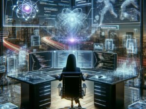 Futuristischer Arbeitsplatz mit Entwickler, der an mehreren Monitoren mit KI-generiertem Code arbeitet, umgeben von holographischen Diagrammen und digitalen Interfaces.