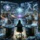 Futuristischer Arbeitsplatz mit Entwickler, der an mehreren Monitoren mit KI-generiertem Code arbeitet, umgeben von holographischen Diagrammen und digitalen Interfaces.