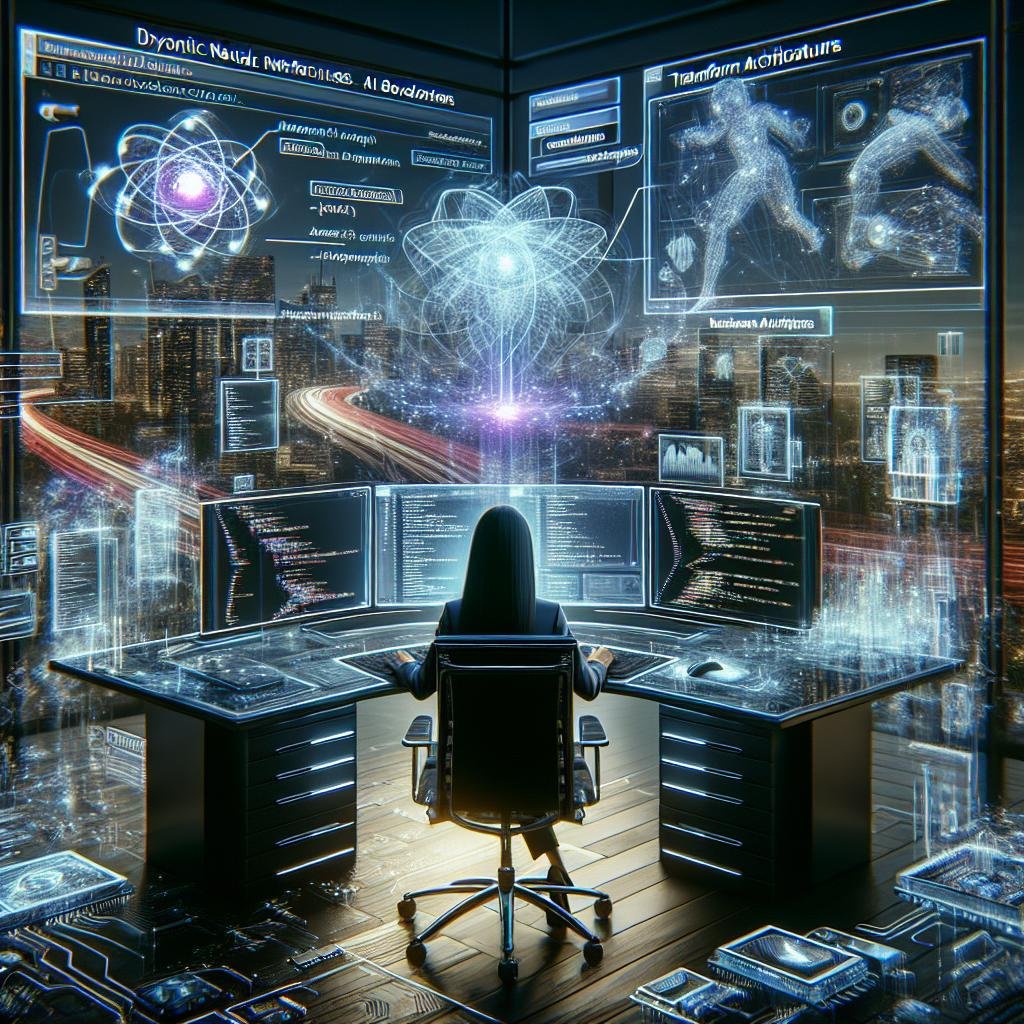 Futuristischer Arbeitsplatz mit Entwickler, der an mehreren Monitoren mit KI-generiertem Code arbeitet, umgeben von holographischen Diagrammen und digitalen Interfaces.