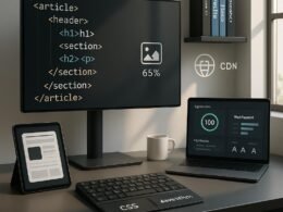 Moderner Webentwickler-Arbeitsplatz mit Monitor, Tablet, Tastatur, Laptop, Büchern, automatisierten Tools und Sonnenlicht, symbolisiert technische Präzision und Geschwindigkeit