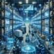 Futuristisches Lagerhaus mit autonomen Robotern, holografischen Bedienfeldern und KI-Analysen, das die Zukunft der Logistik darstellt