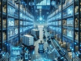 Futuristisches Lagerhaus mit autonomen Robotern, holografischen Bedienfeldern und KI-Analysen, das die Zukunft der Logistik darstellt