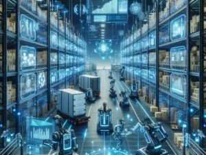 Futuristisches Lagerhaus mit autonomen Robotern, holografischen Bedienfeldern und KI-Analysen, das die Zukunft der Logistik darstellt