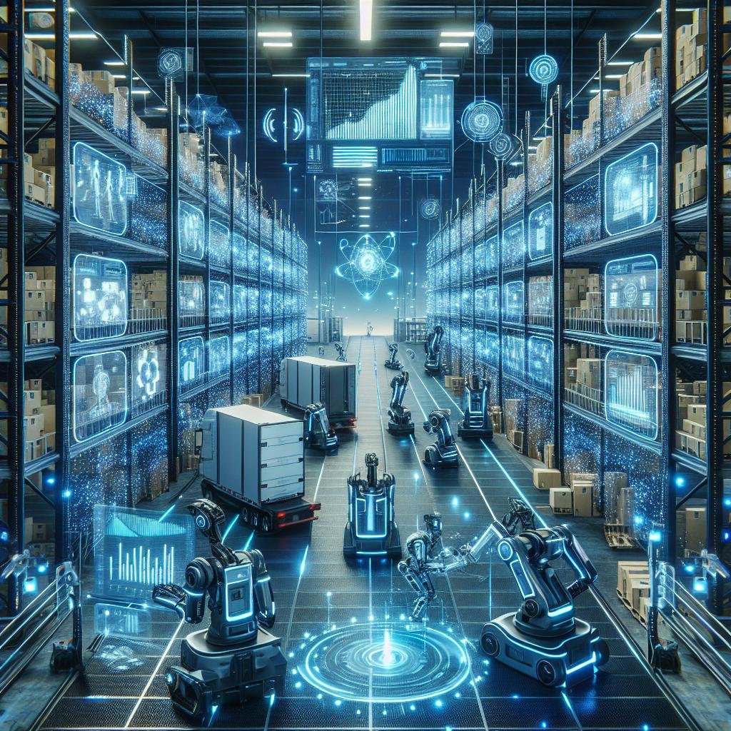 Futuristisches Lagerhaus mit autonomen Robotern, holografischen Bedienfeldern und KI-Analysen, das die Zukunft der Logistik darstellt