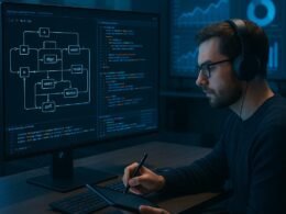 Moderner digitaler Arbeitsplatz mit großen Monitoren, auf denen Regex-Pattern-Diagramme, Code-Editoren und Datenvisualisierungen zu sehen sind. Entwickler mit Headset notiert auf einem Tablet. Credit: 404 Magazine (Tobias Hager).