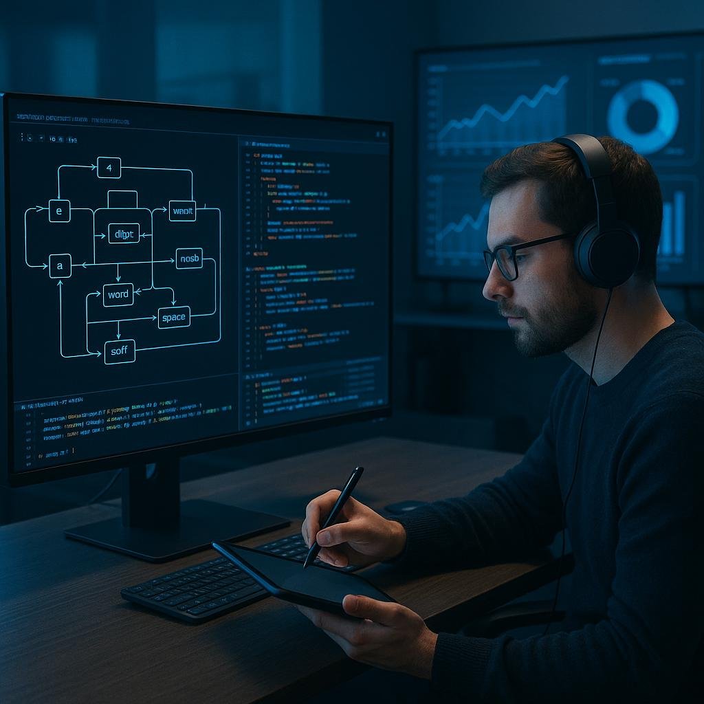 Moderner digitaler Arbeitsplatz mit großen Monitoren, auf denen Regex-Pattern-Diagramme, Code-Editoren und Datenvisualisierungen zu sehen sind. Entwickler mit Headset notiert auf einem Tablet. Credit: 404 Magazine (Tobias Hager).