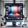 Moderner digitaler Arbeitsplatz mit hochauflösendem Bildschirm, der eine KI-verbesserte Produktaufnahme im Vergleich zeigt, umgeben von digitalen Schnittstellenelementen
