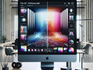 Moderner digitaler Arbeitsplatz mit hochauflösendem Bildschirm, der eine KI-verbesserte Produktaufnahme im Vergleich zeigt, umgeben von digitalen Schnittstellenelementen