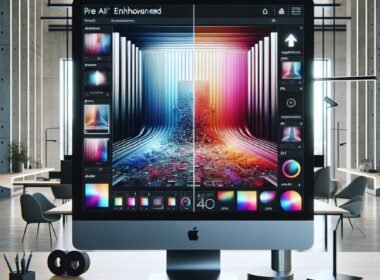 Moderner digitaler Arbeitsplatz mit hochauflösendem Bildschirm, der eine KI-verbesserte Produktaufnahme im Vergleich zeigt, umgeben von digitalen Schnittstellenelementen