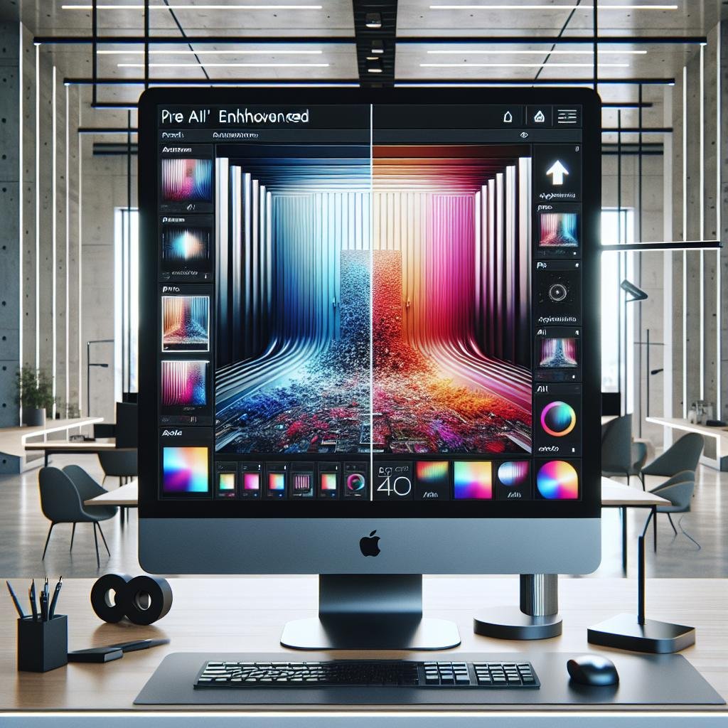 Moderner digitaler Arbeitsplatz mit hochauflösendem Bildschirm, der eine KI-verbesserte Produktaufnahme im Vergleich zeigt, umgeben von digitalen Schnittstellenelementen