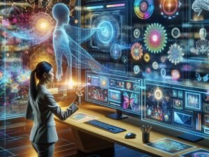 Futuristischer Arbeitsraum mit einem Marketingprofi, der holographische Anzeigen, 3D-Renderings und Echtzeit-KI-Interaktionen in einer technologischen, kreative Umgebung nutzt.