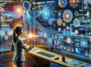 Futuristischer Arbeitsraum mit einem Marketingprofi, der holographische Anzeigen, 3D-Renderings und Echtzeit-KI-Interaktionen in einer technologischen, kreative Umgebung nutzt.