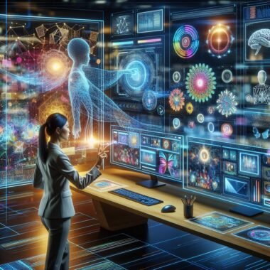 Futuristischer Arbeitsraum mit einem Marketingprofi, der holographische Anzeigen, 3D-Renderings und Echtzeit-KI-Interaktionen in einer technologischen, kreative Umgebung nutzt.
