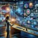 Futuristischer Arbeitsraum mit einem Marketingprofi, der holographische Anzeigen, 3D-Renderings und Echtzeit-KI-Interaktionen in einer technologischen, kreative Umgebung nutzt.