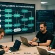 Modernes Büro mit digitalem Whiteboard, auf dem Flowcharts zur Automatisierung von SEO in Pipelines dargestellt werden. Entwickler und SEO-Experten arbeiten, im Hintergrund anzeigen Monitore schnelle Code-Validierungen und Server-Logs. Credit: 404 Magazine (Tobias Hager).