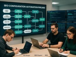Modernes Büro mit digitalem Whiteboard, auf dem Flowcharts zur Automatisierung von SEO in Pipelines dargestellt werden. Entwickler und SEO-Experten arbeiten, im Hintergrund anzeigen Monitore schnelle Code-Validierungen und Server-Logs. Credit: 404 Magazine (Tobias Hager).