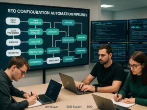 Modernes Büro mit digitalem Whiteboard, auf dem Flowcharts zur Automatisierung von SEO in Pipelines dargestellt werden. Entwickler und SEO-Experten arbeiten, im Hintergrund anzeigen Monitore schnelle Code-Validierungen und Server-Logs. Credit: 404 Magazine (Tobias Hager).