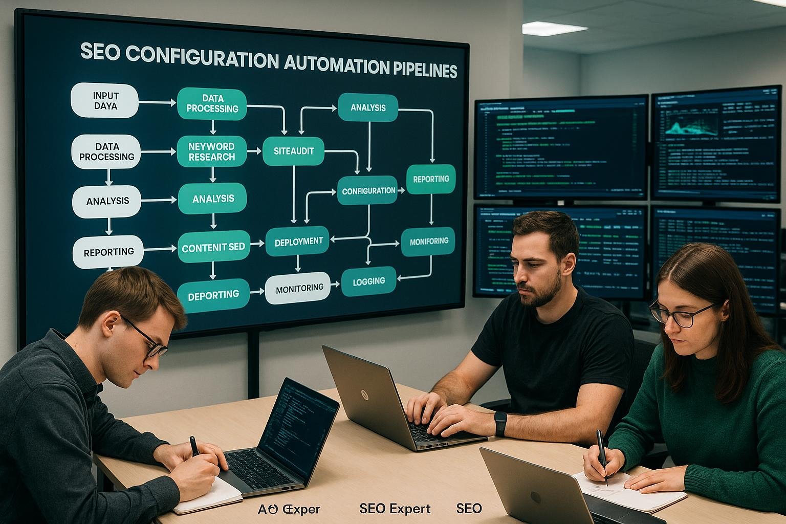 Modernes Büro mit digitalem Whiteboard, auf dem Flowcharts zur Automatisierung von SEO in Pipelines dargestellt werden. Entwickler und SEO-Experten arbeiten, im Hintergrund anzeigen Monitore schnelle Code-Validierungen und Server-Logs. Credit: 404 Magazine (Tobias Hager).