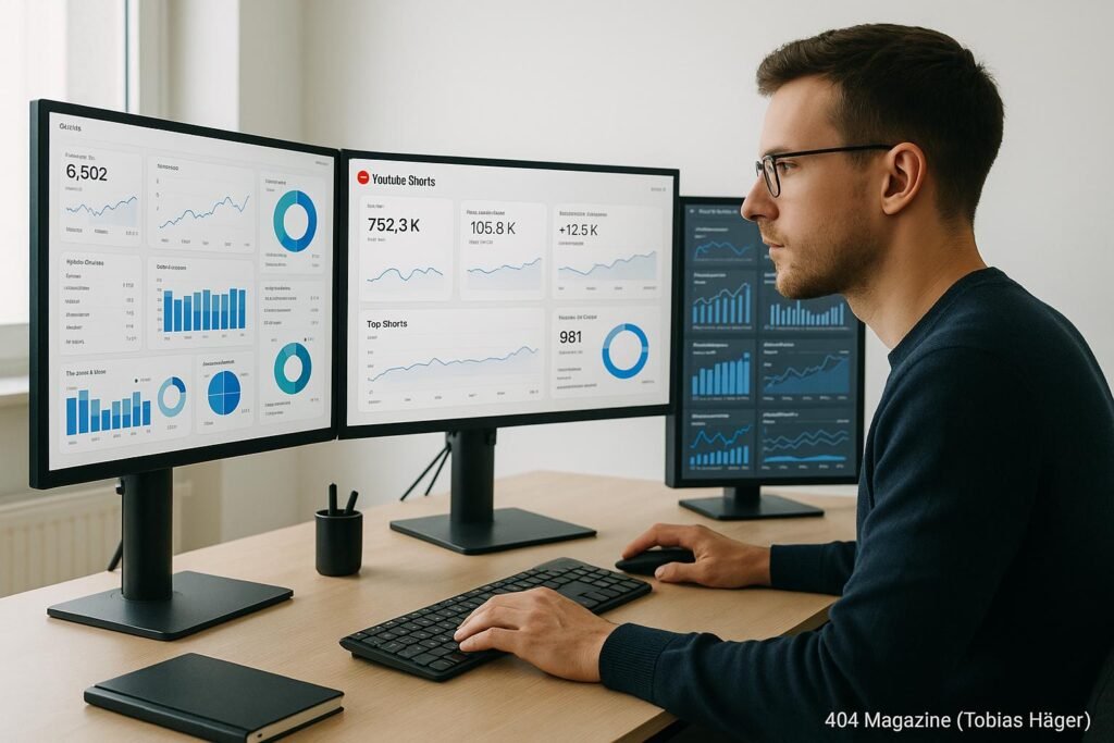 Moderner Arbeitsplatz mit mehreren Monitoren, die Analytics-Dashboards für YouTube Shorts anzeigen, im Hintergrund eine Person in Smart-Casual-Kleidung, hell erleuchteter Raum