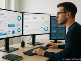 Moderner Arbeitsplatz mit mehreren Monitoren, die Analytics-Dashboards für YouTube Shorts anzeigen, im Hintergrund eine Person in Smart-Casual-Kleidung, hell erleuchteter Raum
