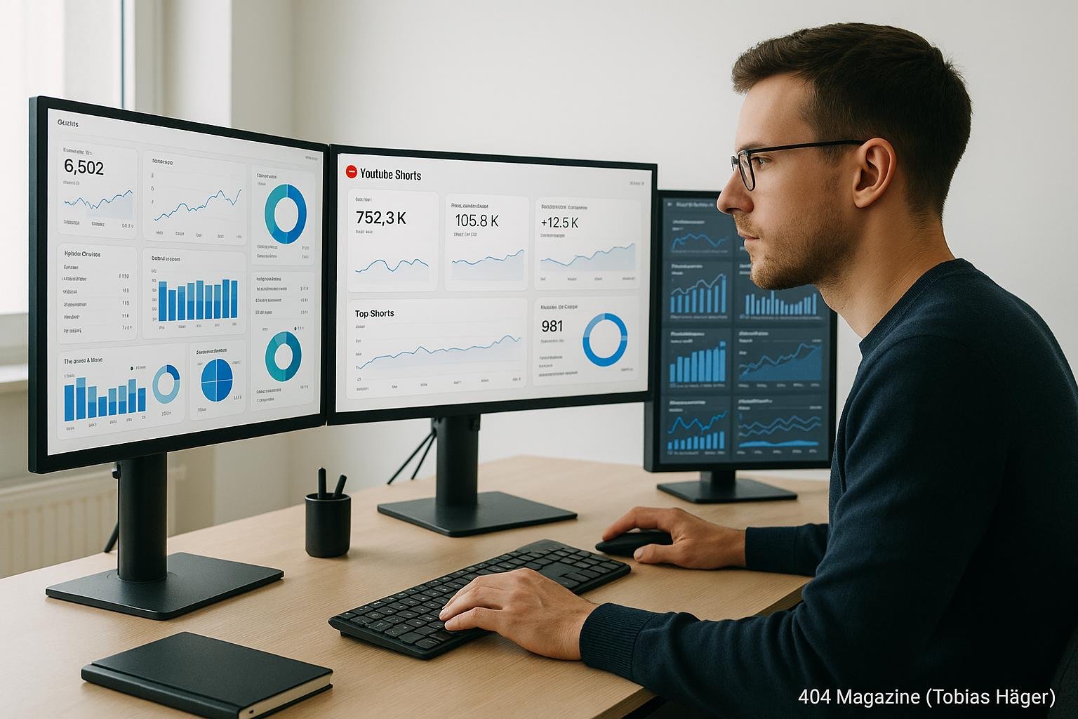 Moderner Arbeitsplatz mit mehreren Monitoren, die Analytics-Dashboards für YouTube Shorts anzeigen, im Hintergrund eine Person in Smart-Casual-Kleidung, hell erleuchteter Raum
