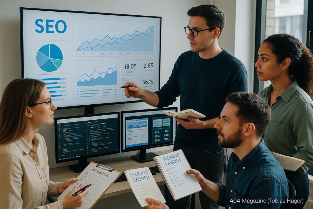 Technisches Team arbeitet in einem modernen Büro mit großen Bildschirmen, die SEO-Daten, Code und Performance-Metriken anzeigen, bei der Vorbereitung eines Website-Launches.