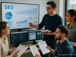 Technisches Team arbeitet in einem modernen Büro mit großen Bildschirmen, die SEO-Daten, Code und Performance-Metriken anzeigen, bei der Vorbereitung eines Website-Launches.