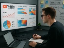Person vor großem Monitor mit Diagrammen und Trend-Heatmaps, umgeben von Whiteboards, Post-its und technischem Equipment, im Arbeitsbereich eines Content-Creators oder Marketing-Experten.