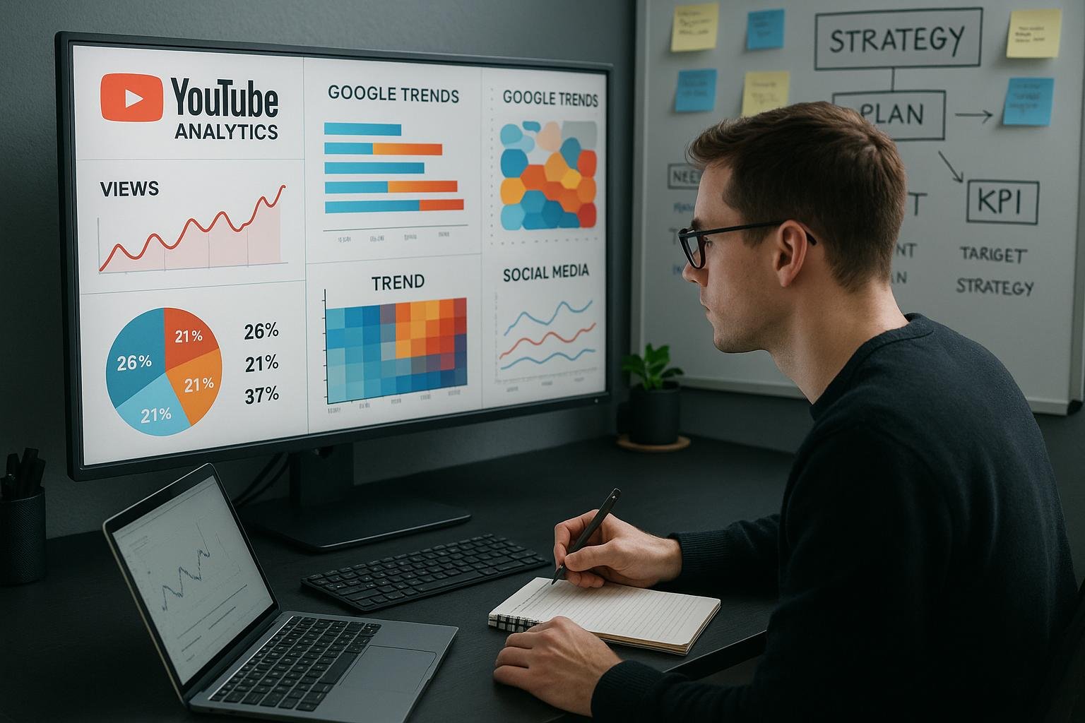 Person vor großem Monitor mit Diagrammen und Trend-Heatmaps, umgeben von Whiteboards, Post-its und technischem Equipment, im Arbeitsbereich eines Content-Creators oder Marketing-Experten.