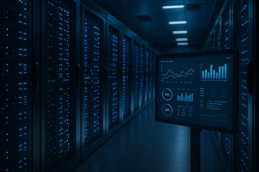 Moderner Serverraum mit blinkenden Servern, blauen LED-Leuchten und Monitoring-Display, das Echtzeitdaten zeigt, symbolisiert zuverlässige IT-Infrastruktur für SEO-Automatisierung