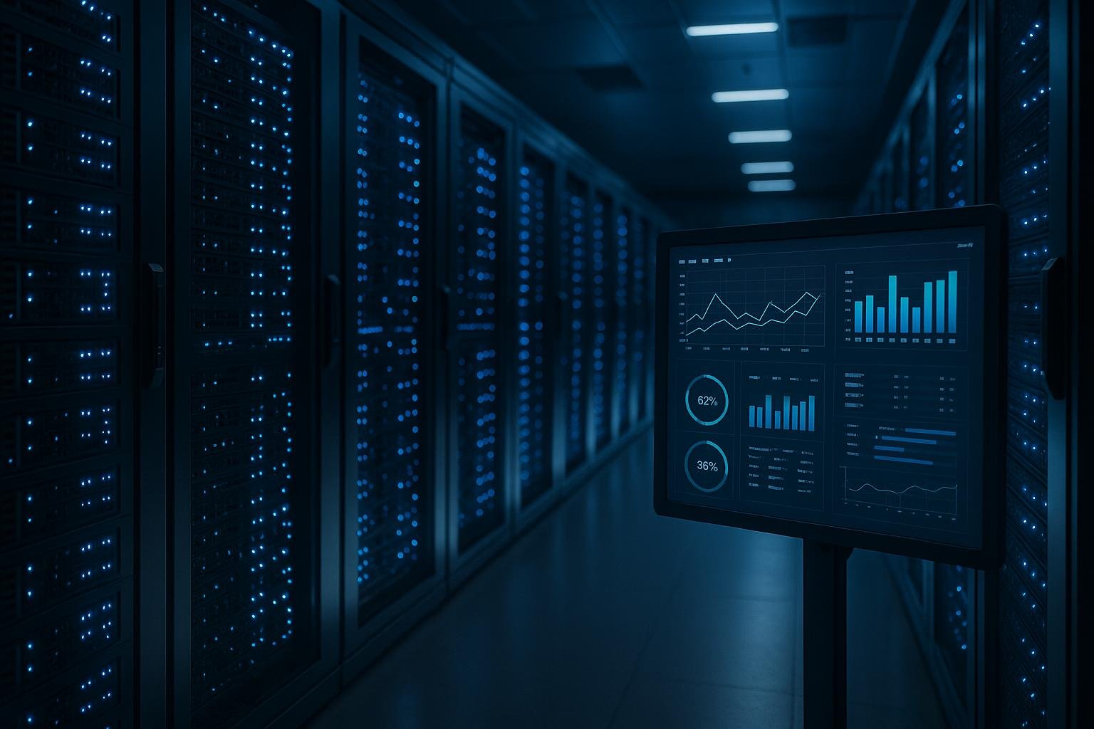 Moderner Serverraum mit blinkenden Servern, blauen LED-Leuchten und Monitoring-Display, das Echtzeitdaten zeigt, symbolisiert zuverlässige IT-Infrastruktur für SEO-Automatisierung