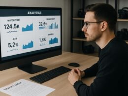 Ein moderner Arbeitsplatz mit großem Bildschirm, Analyse-Software und Notizen zum Viralitäts-Check, im Hintergrund technische Gadgets und Videokameras. Credit: 404 Magazine (Tobias Hager).